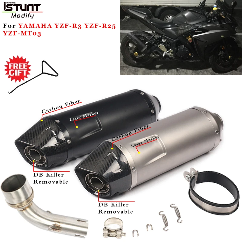 

Slip on For YAMAHA YZF-R3 YZF-R25 YZF-MT03 Motorcycle Exhaust System Carbon Fiber Muffler Escape Modified Middle Link Pipe