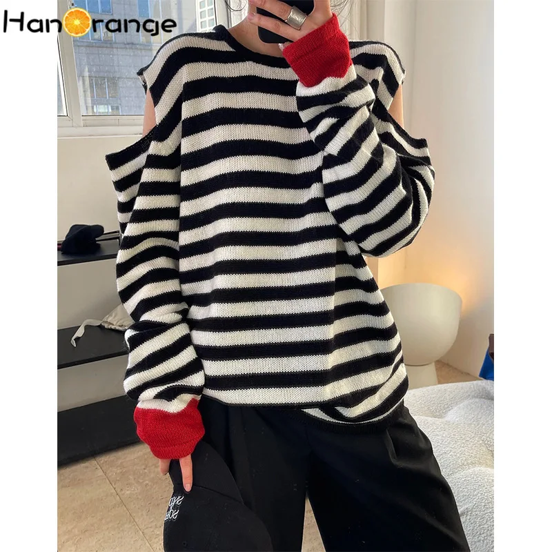 

HanOrange Early Spring Off-shoulder Striped Sweater Fashionable Knitted Top Casual Loose Soft Waxy Women Pullover