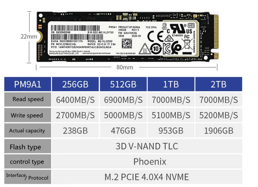 OEM SAMSUNG PM9A1 512GB 1TB 2TB NVMe PCIe4.0x4 M.2 2280 内蔵