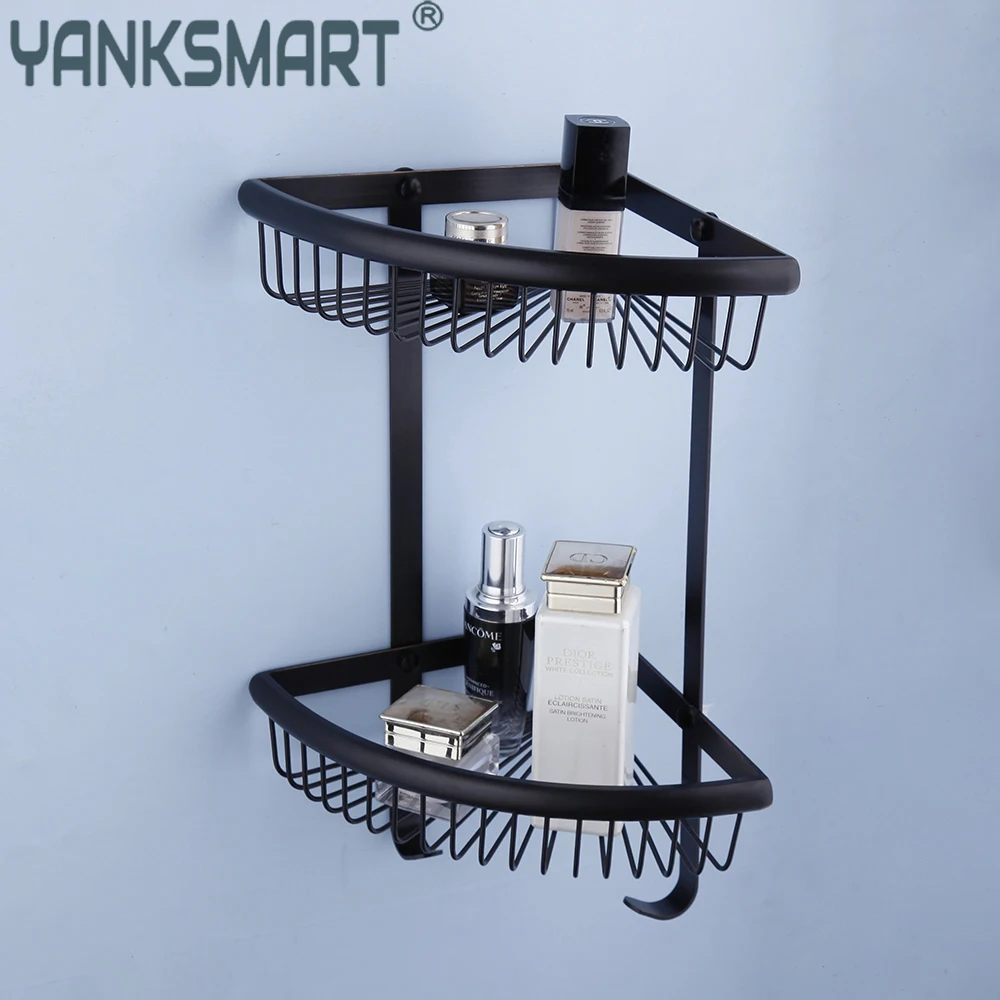 

YANKSMART Matte Black Solid Bathroom Corner Basket Rack Toilet Utensils Bathroom Shower Shampoo Shelf Holder Double Layer