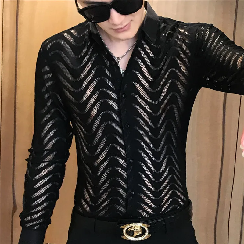 

Stitching Striped Shirt Summer Men Transparent Lace Cutout Shirt Camisa Long Sleeve Slim Club Prom Party Shirt Social Masculina