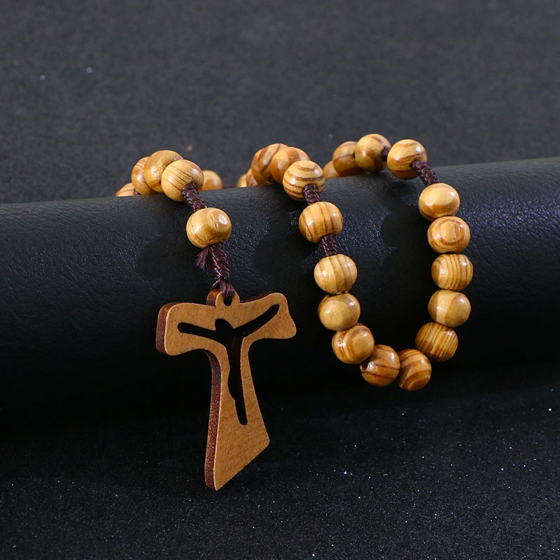 Komi Catholic Christ Orthodox Wooden Beads Hollow Cross Pendant Necklace For Women Men Religious Jesus Rosary Jewelry Gift R-004