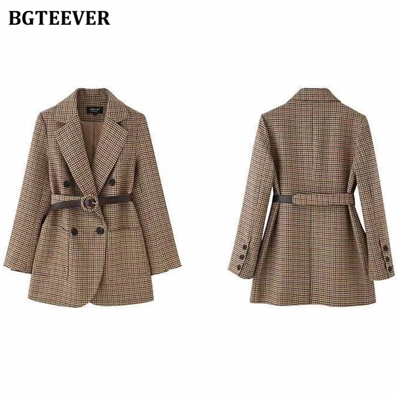 BGTEEVER Vintage Double Breasted Women Houndstooth Plaid Suit Blazer 2021 Spring Full Sleeve Sashes Belted Female Blazer Outwear