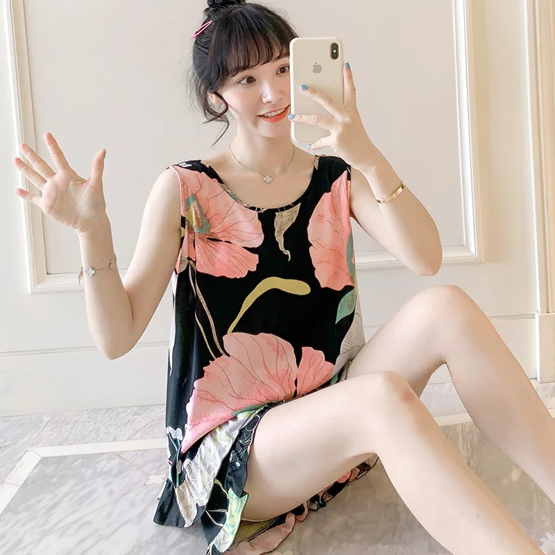 2023 Cheapest Summer New Style Ladies 100% Viscose Pajamas Two-piece Thin Large Size Vest+Shorts Print Home Service Sleepwear