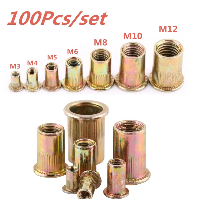 100 pçs/set m3 m4 m5 m6 m8 m10 m12 ferramentas de porcas de rebite de aço carbono porcas cegas porcas inserção rebite multi tamanhos ferramentas