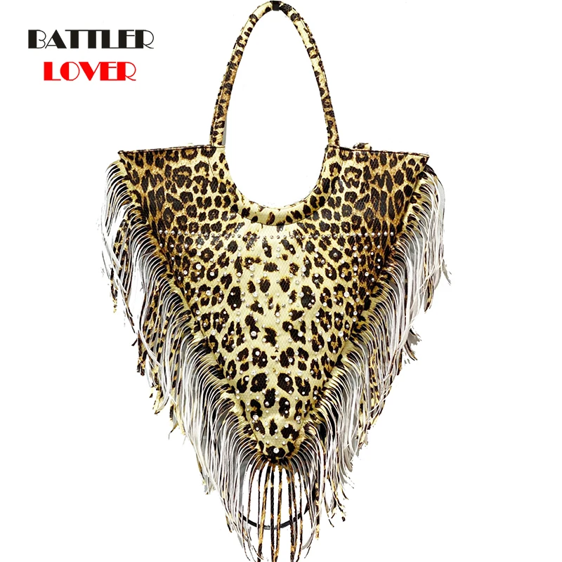 

Women Triangle Shapes Handbags New Leopard Design Shoulder Bags For Female Diamonds Crossbody Purses Lady Tassel Casual Tote Bag