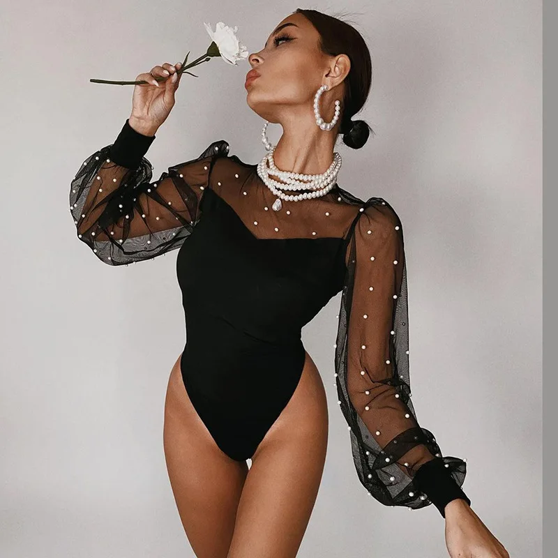 Body de manga abullonada de malla de perlas para mujer, Tops ajustados transparentes, bodys negros básicos, ropa Sexy