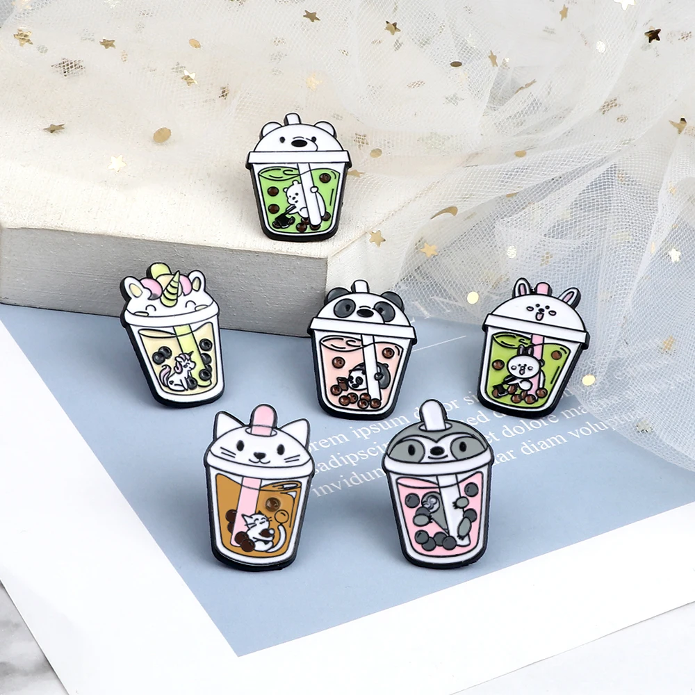 Funny Panda Bear Milk Tea Enamel Pins Badges Bubble Tea Cartoon Animals Cool Brooches Bag Clothes Lapel Jewelry Gift For Friends