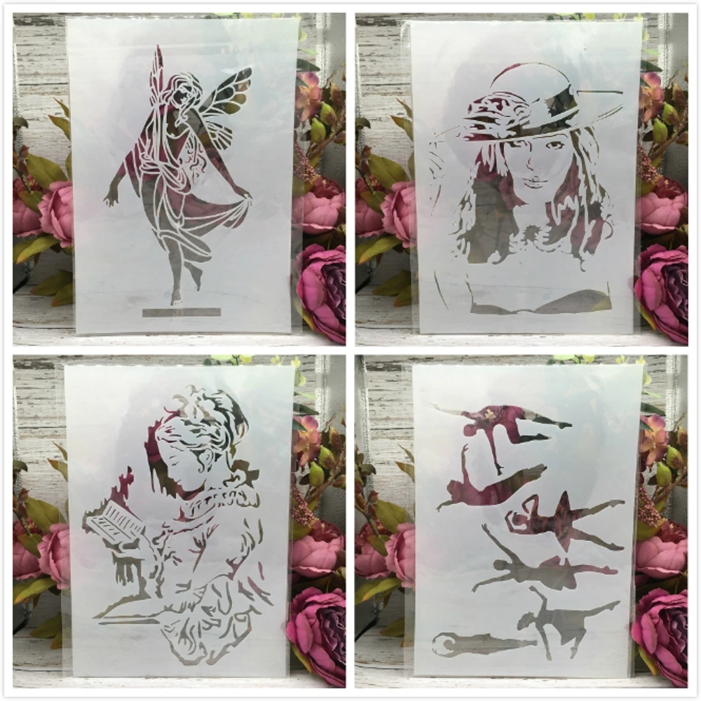 

4Pcs A4 29cm Western Lady Ballet Girl DIY Layering Stencils Wall Painting Scrapbook Coloring Embossing Album Decorative Template