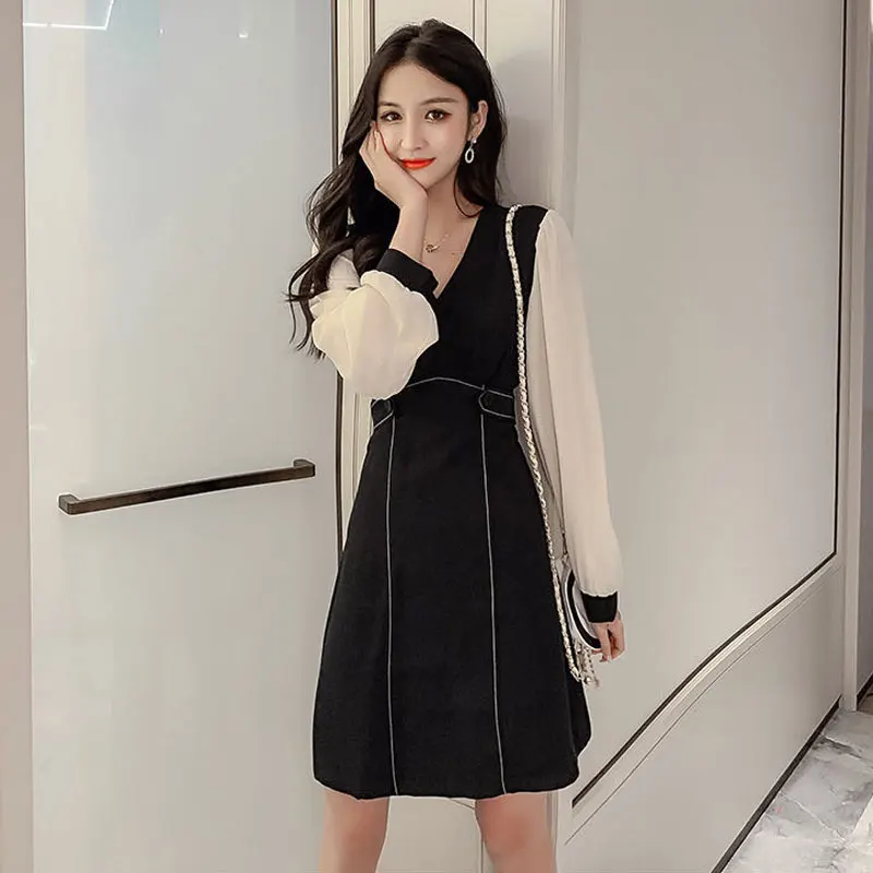 

Towerke Women A-line Long Sleeve Dresses V-Neck Elegant Stitching Dress Button Design Office Lady Workwear