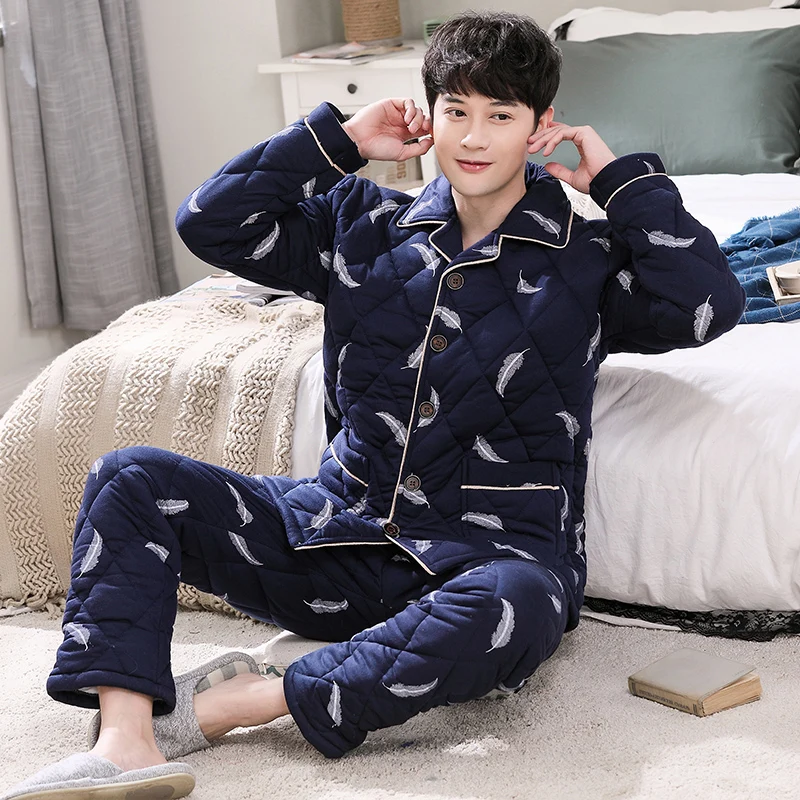 New Arrival Fashion Cotton Quilted Pajama Sets Soft Men Sleepwear Winter Lounge Set Three Layers Keep Warm Thick Quilted Jacket