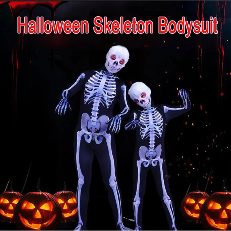 

Ataullah Parent-child Halloween Costumes Print Scary Skeleton Costume Jumpsuit Skull Bone Elastic Bodysuit Children Adult DW013