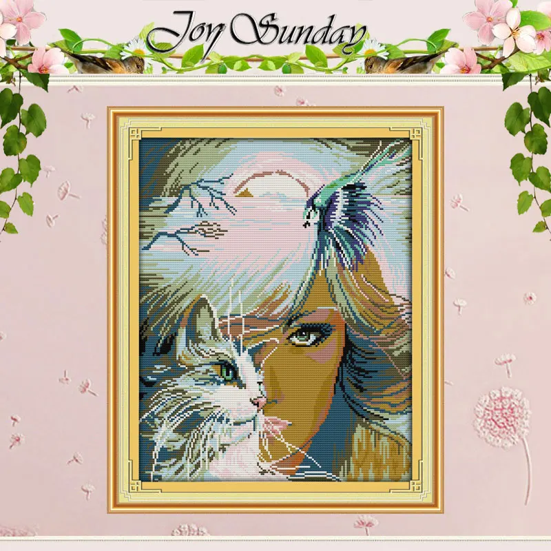 Girl and Cat (2) Patterns Counted Cross Stitch Set DIY 11CT 14CT 16CT Stamped Cross-stitch Kit Embroidery Needlework Home Decor