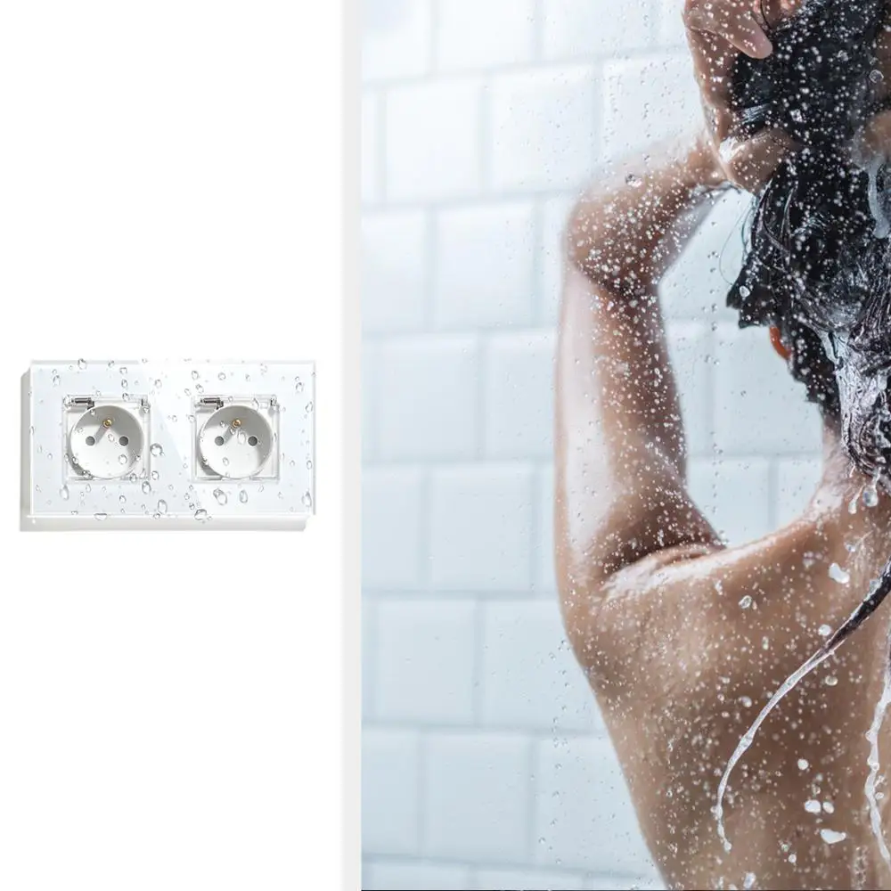 BSEED Waterproof Double Socket EU Standard Wall Socket 16A White Black Gloden Crystal Glass Panel Wall Socket 110V-250V