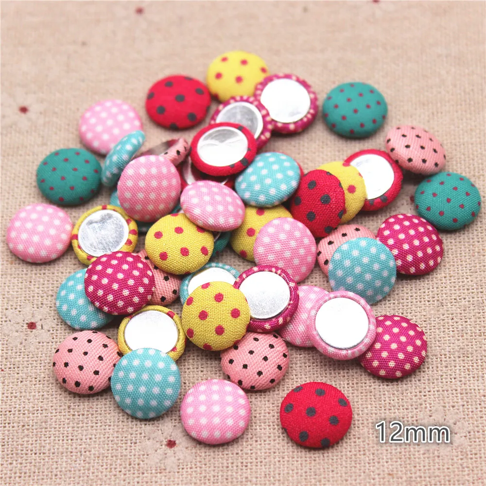 50pcs 12mm colori della miscela Polka Dot tessuto coperto bottoni rotondi giardino domestico Flatback Cabochon artigianato Scrapbooking fai da te