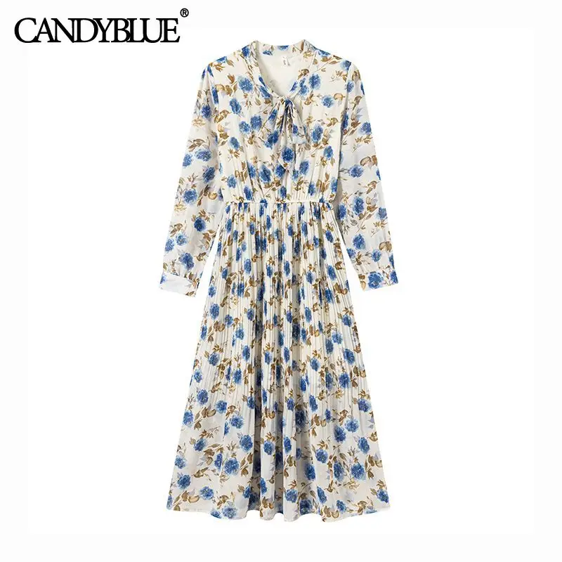 

Peony print chiffon dress high waist 2022 spring new style Korean fashion puff sleeve bow middle calf pleated dress women