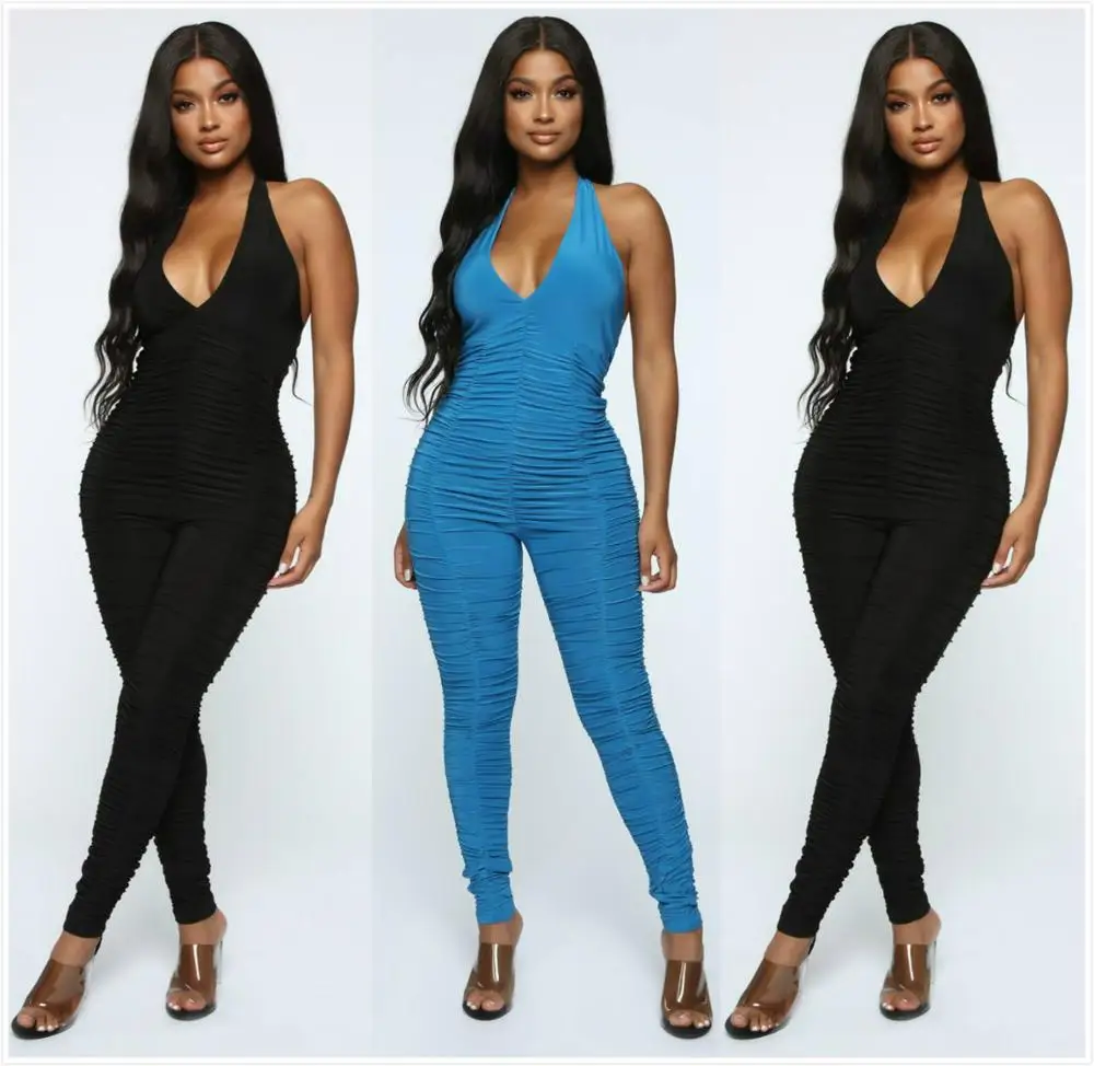 BKLD แฟชั่นผู้หญิงเซ็กซี่ V คอ Ruched Halter Jumpsuit 2019 ฤดูร้อน Soild Skinny Backless Rompers Clubwear ใหม่กางเกง Jumpsuit