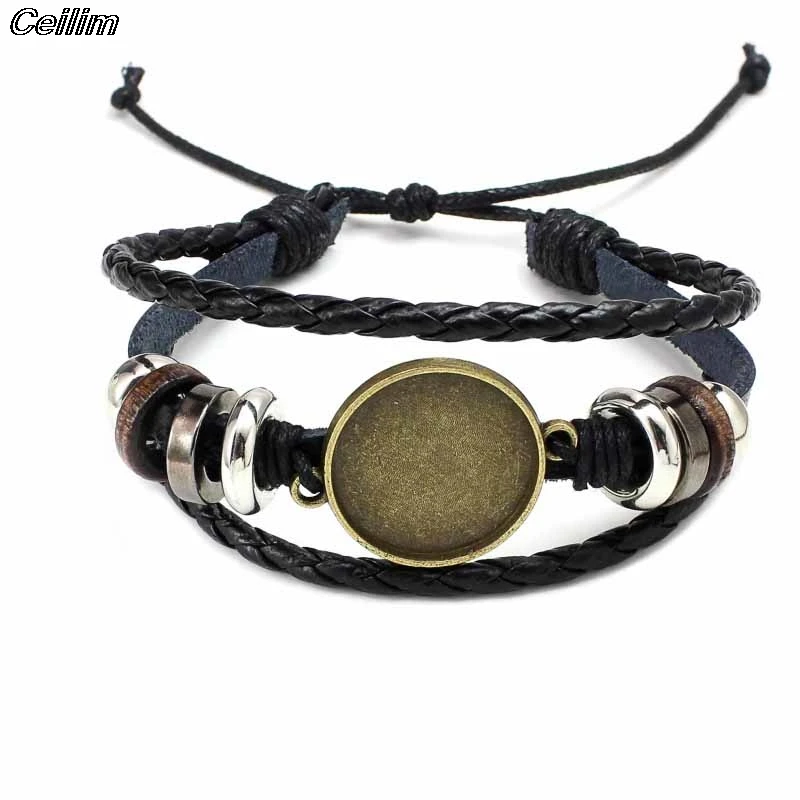 10pcs Antique Leather Cuff Bracelet Bangle Round Photo Glass Cabochon Bracelet Setting Base Bezel Tray Blank Jewelry Making