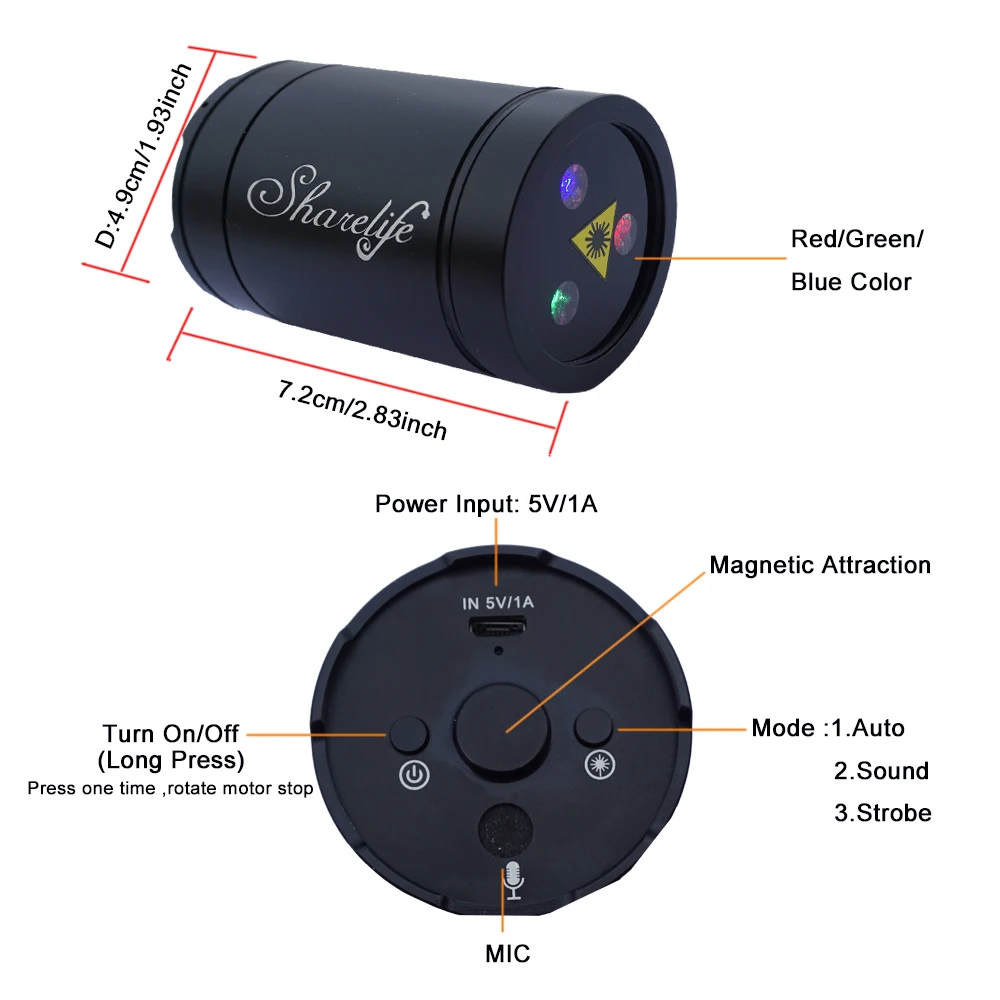 Sharelife Mini Portable RGB Gobos Laser USB Lights Rechargeable Magnetic Attraction for Home Party DJ Room Stage Lighting DP-RGB