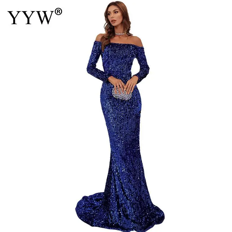 Highclass Sequins Evening Dresses Off The Shoulder Straight Strapless Floor Length Court Elegant Formal Celebration Party Dress