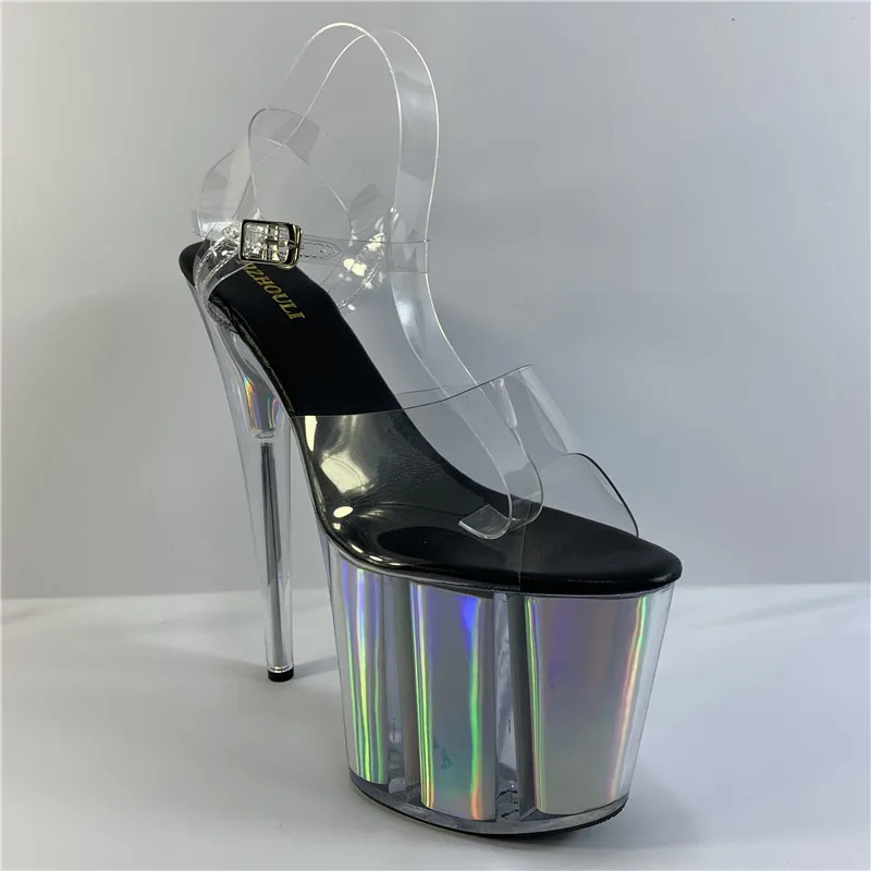 8 polegadas, sandálias de verão, base de cristal de descoloração para festas e discotecas, saltos transparentes de 20 cm para modelos, sapatos de dança