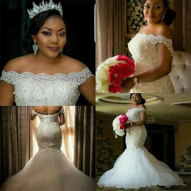 

Customized Bateau Short Sleeves Lace Mermaid Wedding Dresses Beaded Up Back Bridal Gowns Plus Size African Style Luxurious