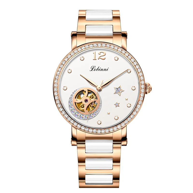 LOBINNI أزياء حجر الراين إعداد تصميم السيدات الساعات السيراميك / الفولاذ المقاوم للصدأ حزام الإناث التلقائية الميكانيكية الساعات النسائية