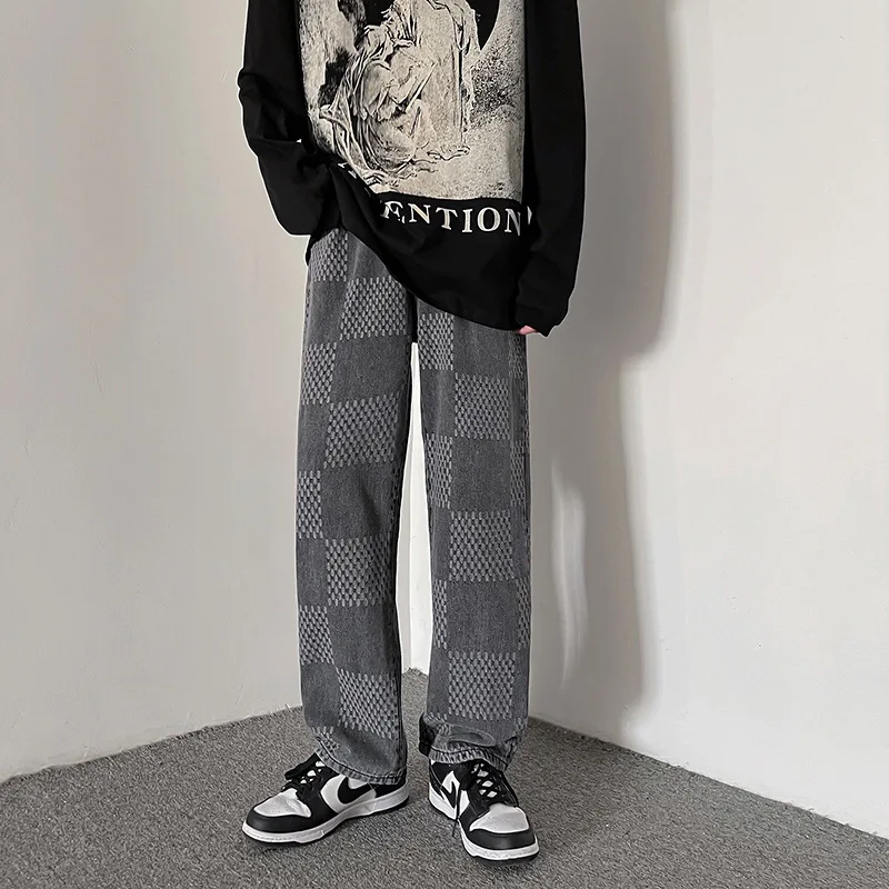 ICCLEK Men's Straight Jeans 2021 Fall/Winter New Style Plaid Jeans Men's Casual Pants Plus Size Jeans  Men Fashion  Mens Pants