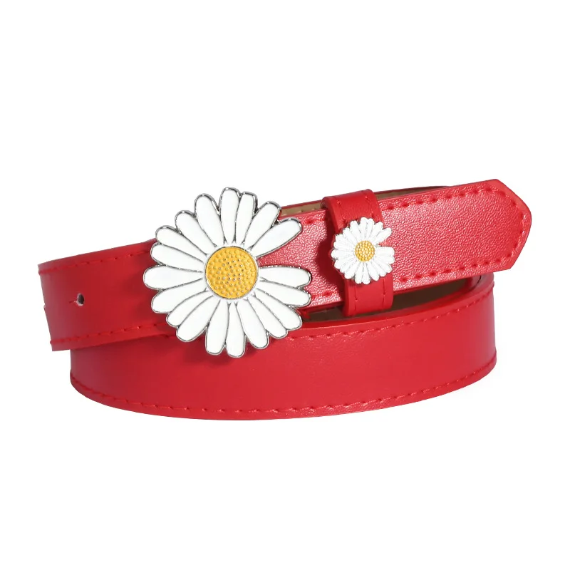 Small Daisy Pu Fine Belt Women Waistband Korean -style Student Flower Buckle Personality Smooth Buckle Faux Leather