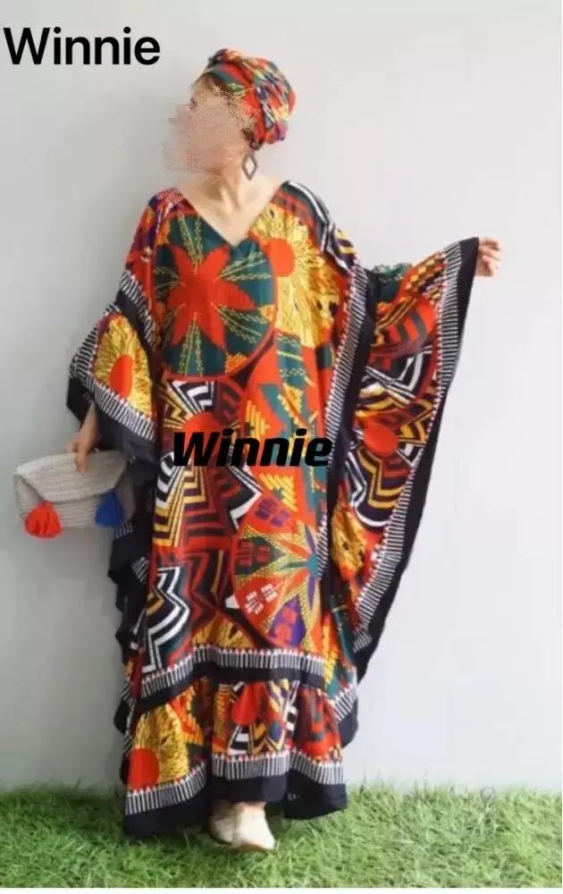 

Muslim Fashion Kuwait Bohemian Hijab Cotton Butterfly Sleeve Printed Maxi Dress Oversize African Women's Party BouBou Kaftan