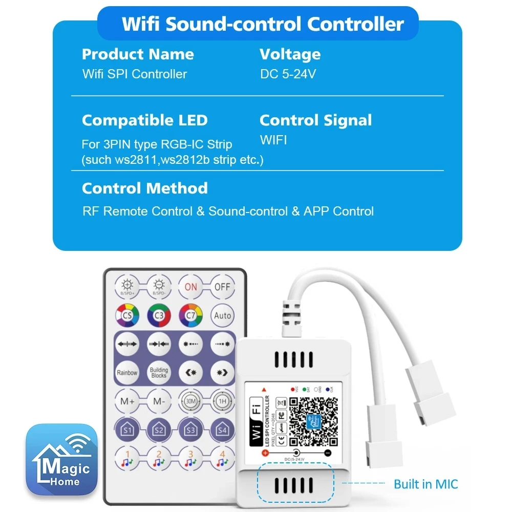 Imagem -05 - Rgb Led Tira Endereçável Sonho Cor Completa com 28key rf Wifi Inteligente App Controlador Mais Led Poewr Conjunto 5m 10m Ws2811 Dc12v