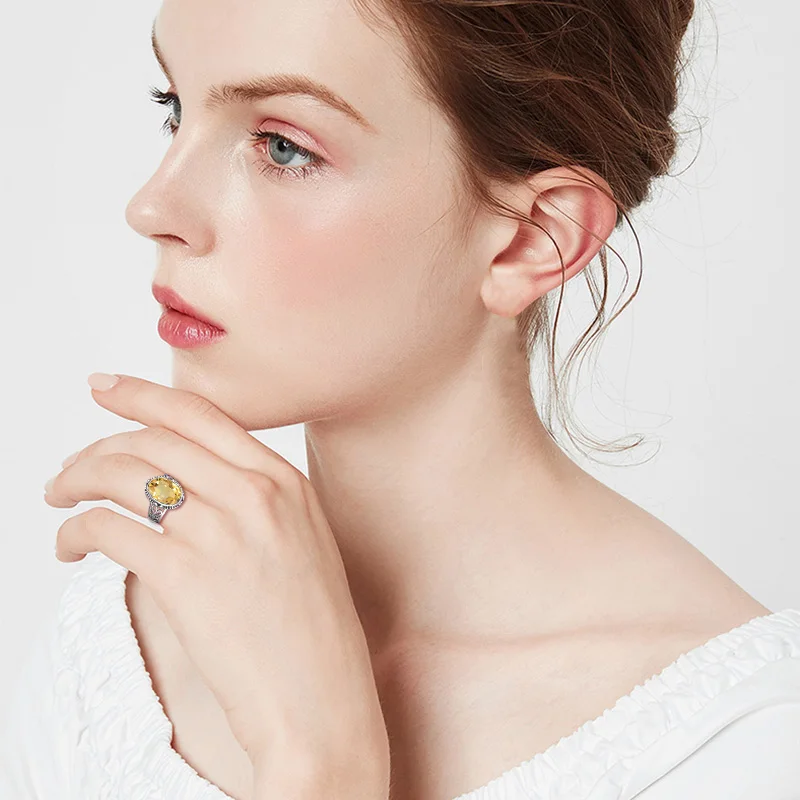 Gelber Citrin-Ring für Damen, Silber 925 Sterling, Herren-Edelsteinringe, Oval, Bohemian, Handgefertigter Damenschmuck, Brautsets im Angebot – Detail 6