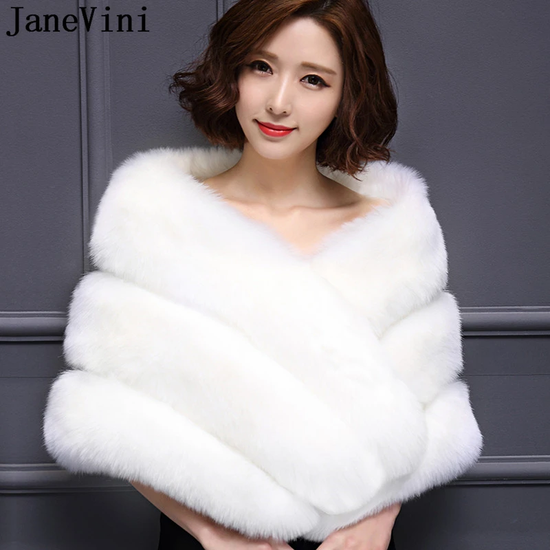 

JaneVini Plus Size 165*50cm Faux Fur Wraps Autumn Winter Wedding Cape White Bridal Shawls Black Gray Bolero De Novia Party Stole