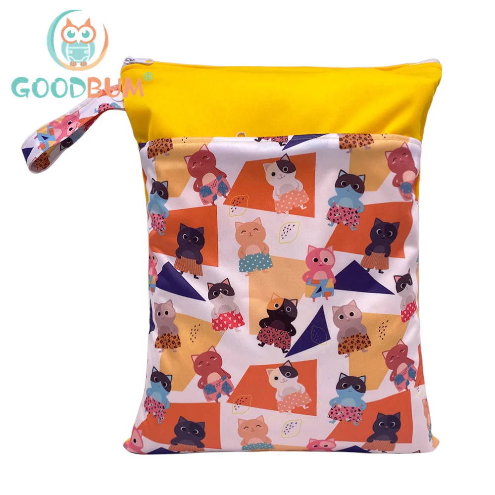 Goodbum PUL 2020  Baby Waterproof Cloth Bag 1PC Double Pocket Zippers Print Reusable Baby Nappy Wet Bag