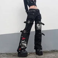 E-girl Gothic Black Cargo Pants Capri Women Low Waist Jeans Long Trousers Y2K Grunge Vintage Hip Hop Punk Harajuku Streetwear - Image 3