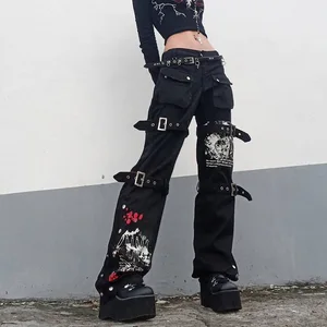 Schwarze gotische E-Mädchen-Frachthose Capri Frauen Low Taille Jeans Lange Hosen Y2K Grunge Vintage Hip Hop Punk Harajuku Streetwear 10 Hauptumsatz mit niedriger Taillenhose - №10