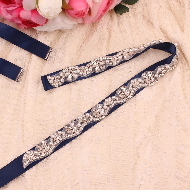 Bridal Belts Bling Wedding Women Handmade Jewelry Silver Rhinestone Pearl Crystal Sparkly Party Formal Dress Diamond Bride Sash