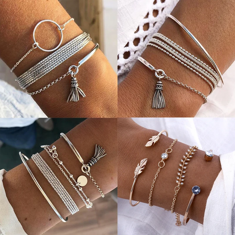 Boho Tassel Bracelet Set for Women Silver Color Multilayer Pendant Bracelet Charm Braclets 2020 Fashion Jewelry Accessories Gift