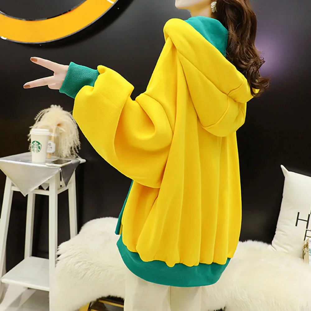 2022 Korean Hooded Sweatshirts Casual Solid Patchwork Long Sleeve Thick Fleece Hoodies Fashion Mid Length Hoodie