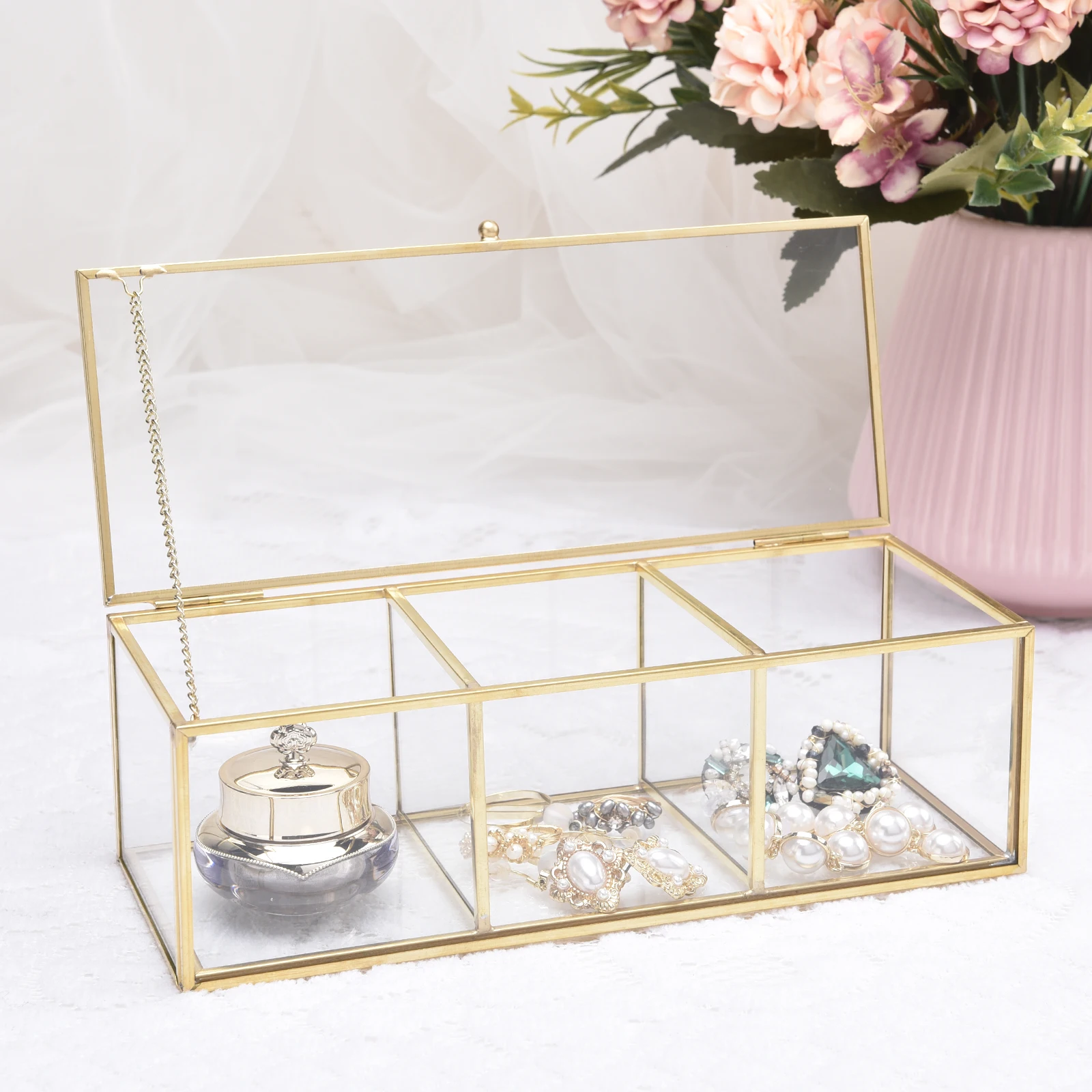 Clear Glass Makeup Organizer Tray, 3 Spaces Cosmetic Display Case Storage Box for Lipstick,Makeup Brushes and Skin Care Bottles