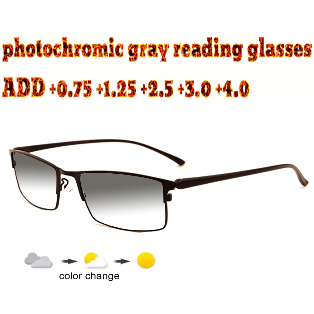 

Business Men's Full Frame Photochromic Gray Reading Glasses Comfortable Alloy High Quality +1.0 +1.5 +1.75 +2.0 +2.5 +3 +3.5 +4