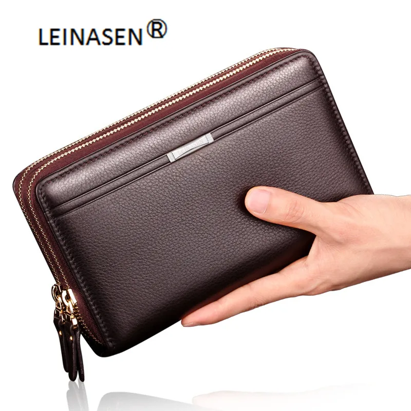 Leinasen-男性用のダブルジッパー付き大容量ポケット,ジッパー付きの財布,コインスタイル