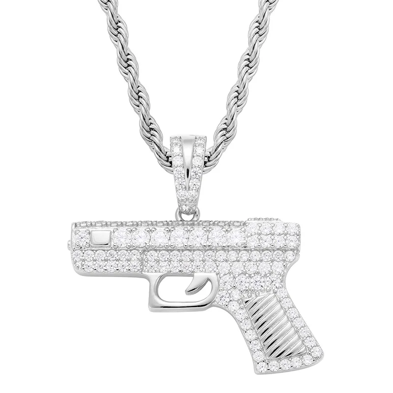 Hip Hop Prong Setting AAA CZ Stone Bling Ice Out CSGO Automatic Pistol Gun Pendants Necklace for Men Rapper Jewelry