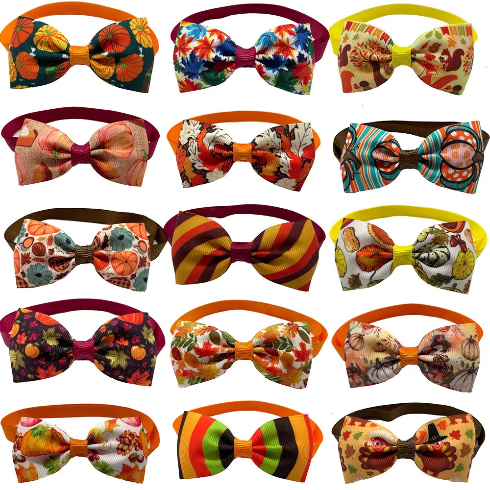 

50/100pcs Thanksgiving Pet Supplies Pet Dog Bow Ties Collar Fall Style Small Dog Cat Tie Turkey Pumpkin Neckties Dog Accessories