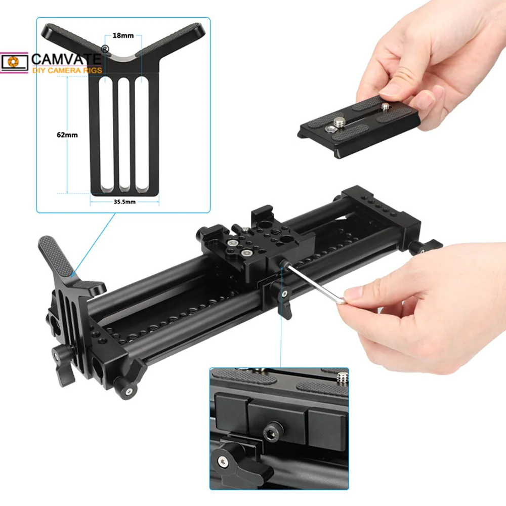 Piastra QR CAMVATE Manfrotto con piastra ponte inferiore e guida scorrevole a doppia asta da 15mm e supporto obiettivo progettato per riprese a fuoco lungo