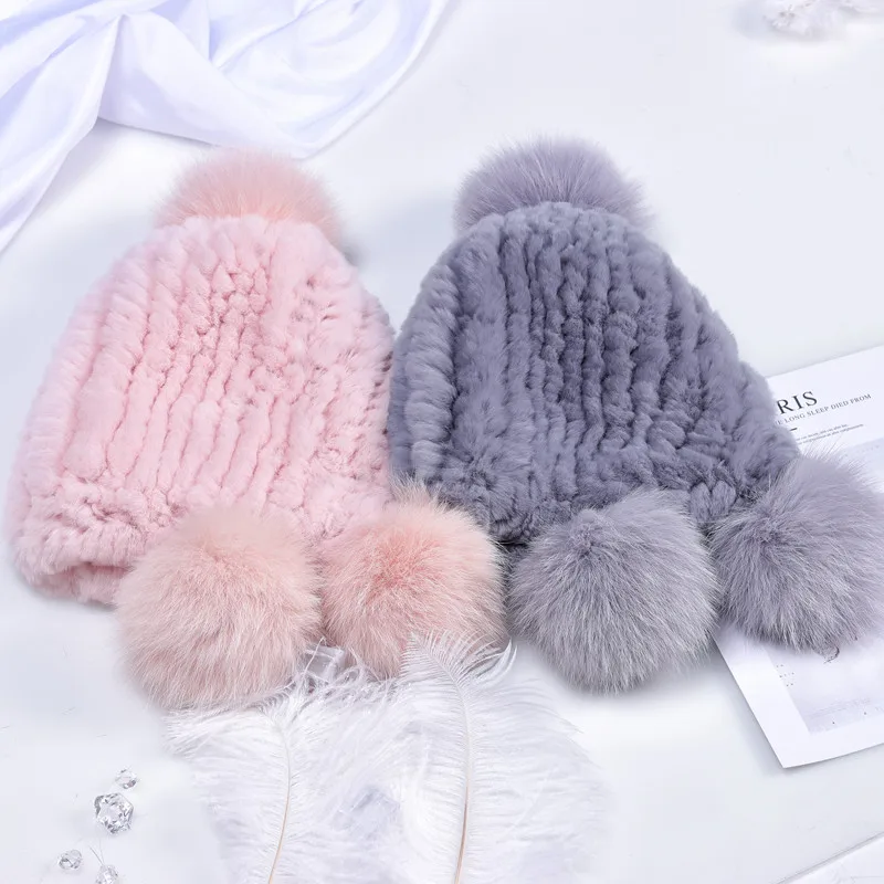 Gorro y bufanda de piel de conejo Rex auténtica para niño y niña, gorros mullidos de punto y calentador de cuello para invierno