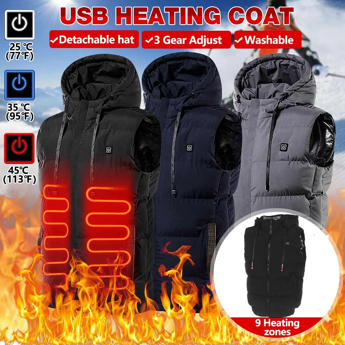 

Electric Heated Vest Jacket Men Women's 9 Heated Zones Sportswear Graphene USB Heating Coat Camping Waterproof Down Jacket M-7XL