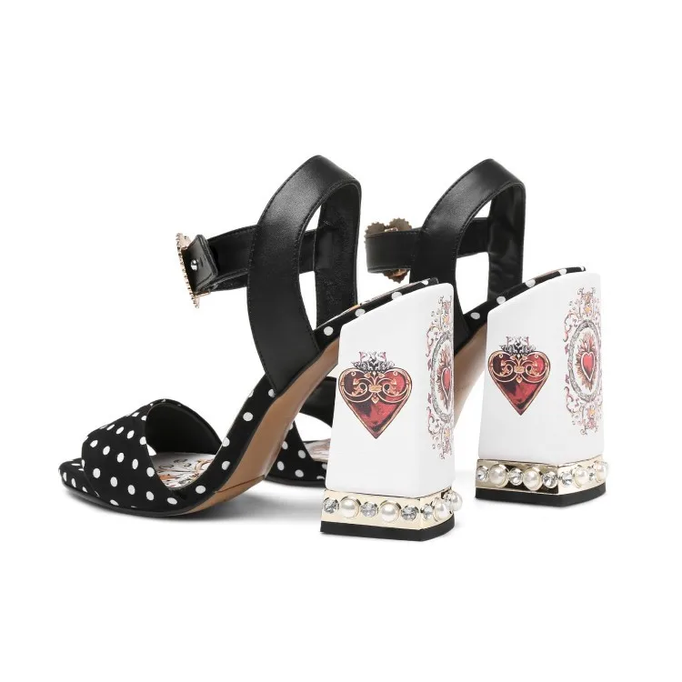 New Women Heart Printed Rivets White Coated Chunky Heel Sandals Polka Dot Open toe Ankle Buckle Ladies Summer sandalias mujer