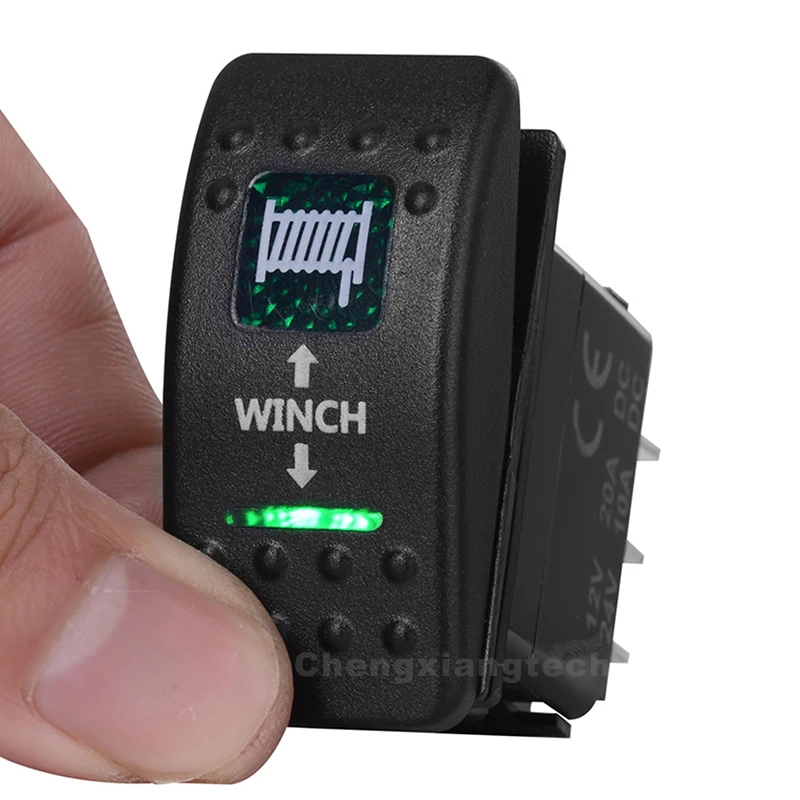 Winch In Out 7 Pins (On) Off (On) Green Led 3 Way Momentary Rocker Switch for Car Boat Truck 12v 24v DPDT Waterproof