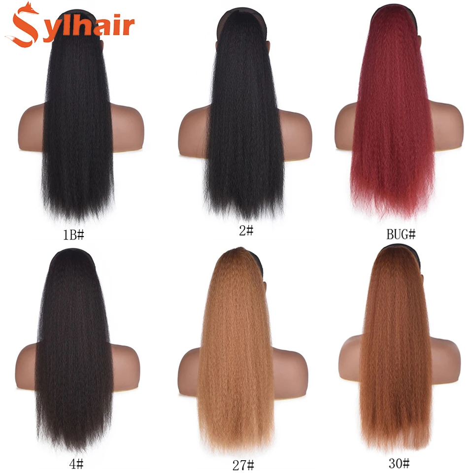 Long Afro Puff Ponytail Hair Kinky Natural Hair Synthetic Kinky Straight Drawstring Ponytails With Clip Elastic Band Sylhair